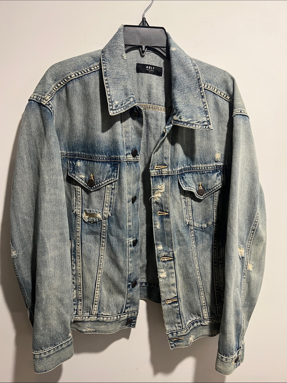 Able Light Wash Distressed Denim Jacket Size XL